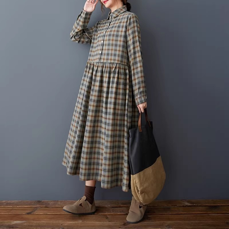 Flannel Shirt Lined - 한국식 루즈핏 레트로 체크무늬 셔츠 드레스-